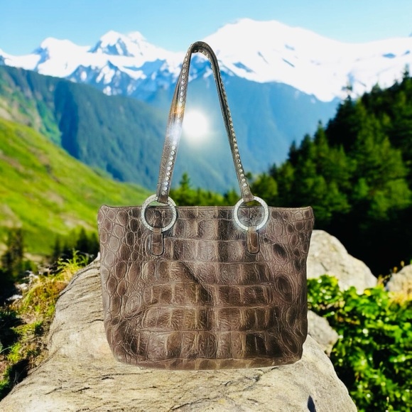 Raviani Brown Croc Embossed Leather With Crystals Tote Bag - Picture 7 of 10